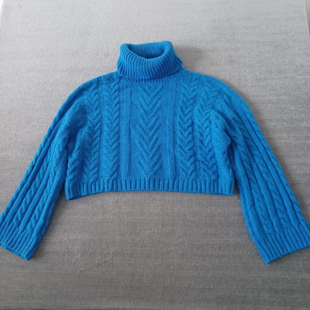 Elan Sweater Women L Blue Pullover Cable Knit‎ Turtleneck Cropped Classic Flare